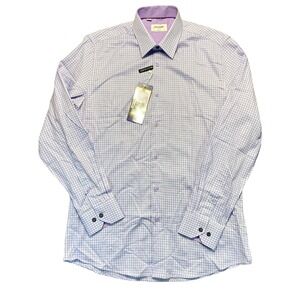 Duchamp London Slim Fit Dress Shirt Mens‎ 16 L Purple White Check Stretch Cotton